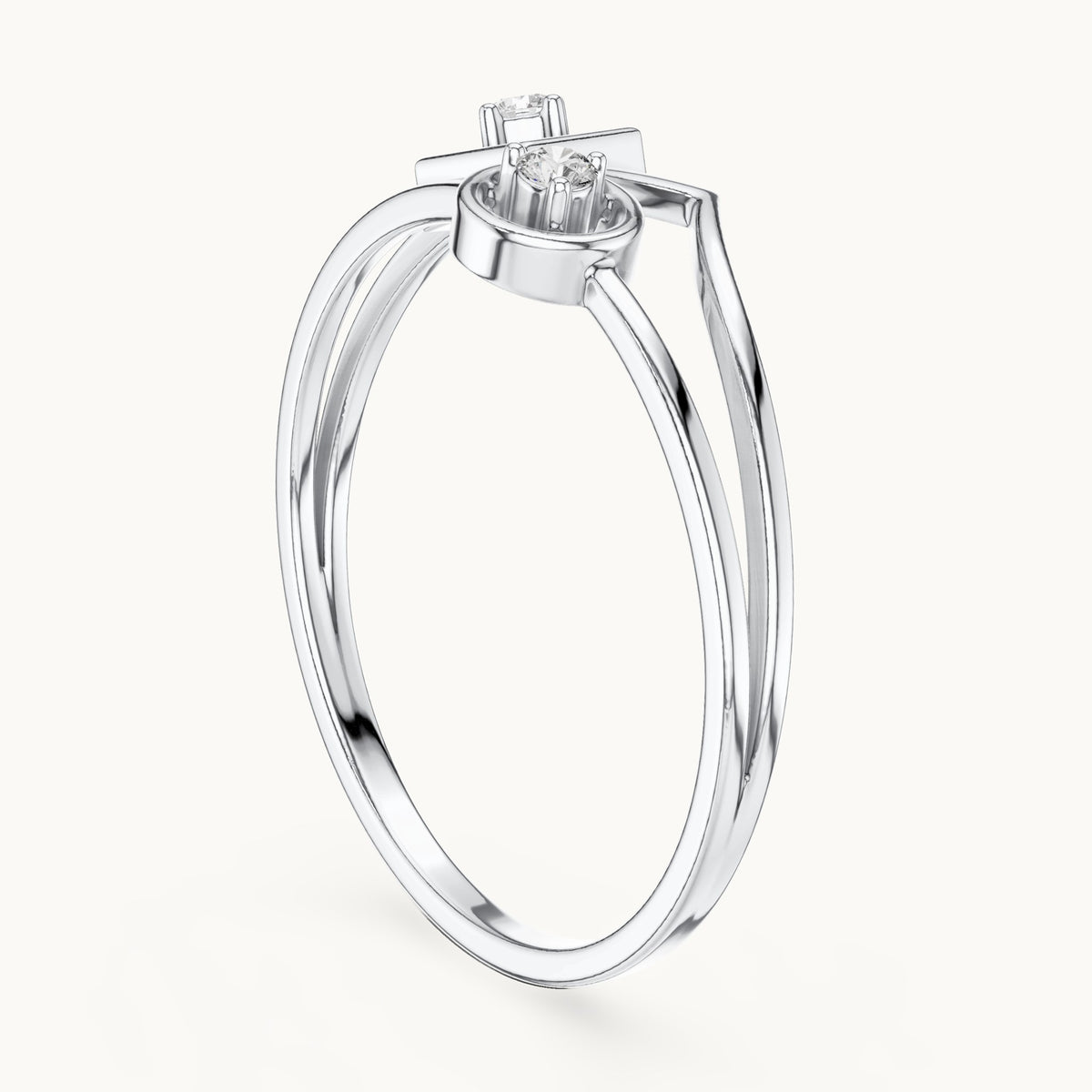 Round lab-grown diamond square and circle two-stone ring in white gold, 0.04 CT TW, view 1