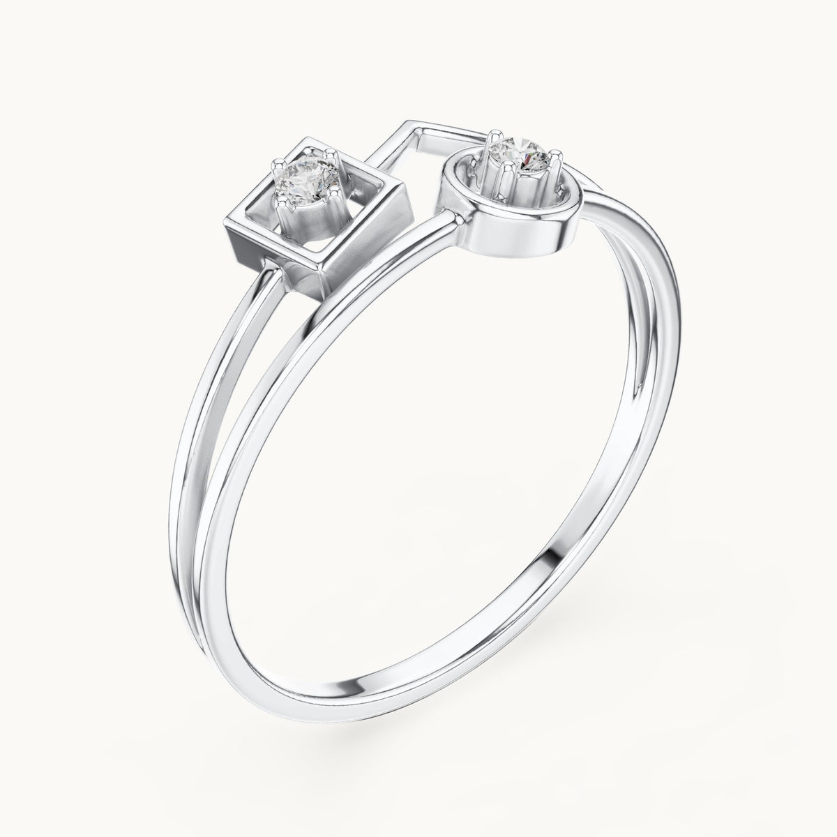Round lab-grown diamond square and circle two-stone ring in white gold, 0.04 CT TW, view 2