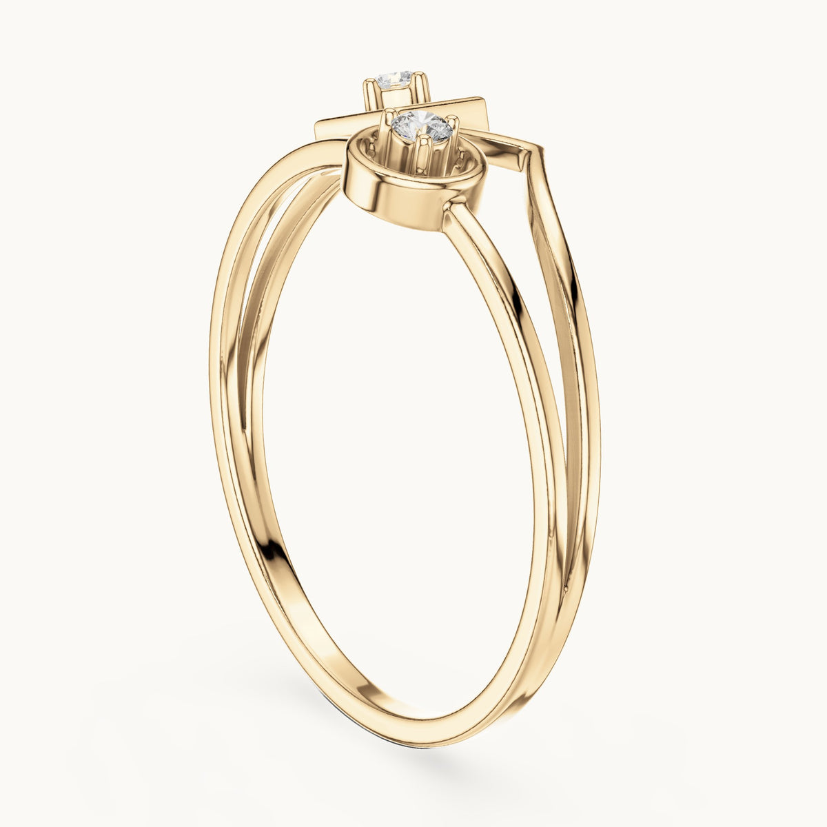 Round lab-grown diamond square and circle two-stone ring in yellow gold, 0.04 CT TW, view 1