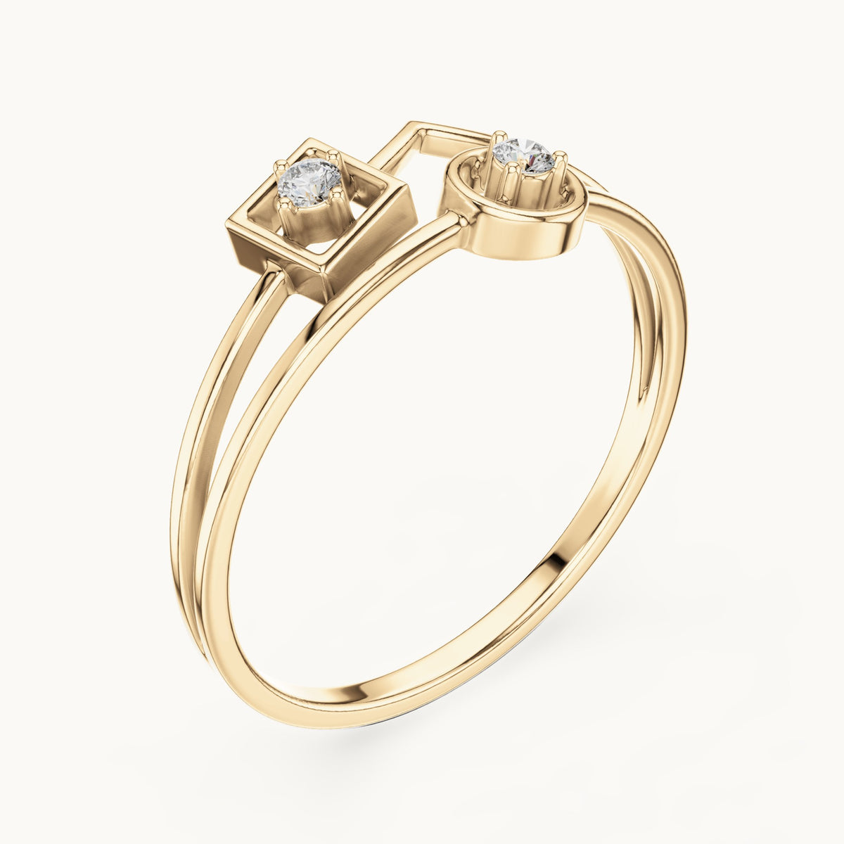 Round lab-grown diamond square and circle two-stone ring in yellow gold, 0.04 CT TW, view 2