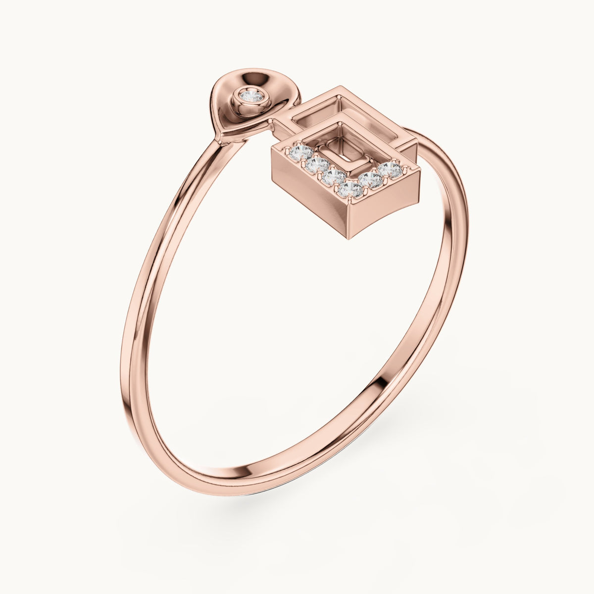 Round lab-grown diamond teardrop and interlocking squares bypass ring in rose gold, 0.028 CT TW, view 2