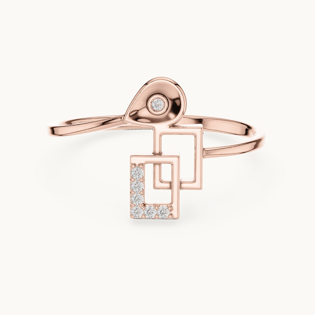 Round lab-grown diamond teardrop and interlocking squares bypass ring in rose gold, 0.028 CT TW, view 4