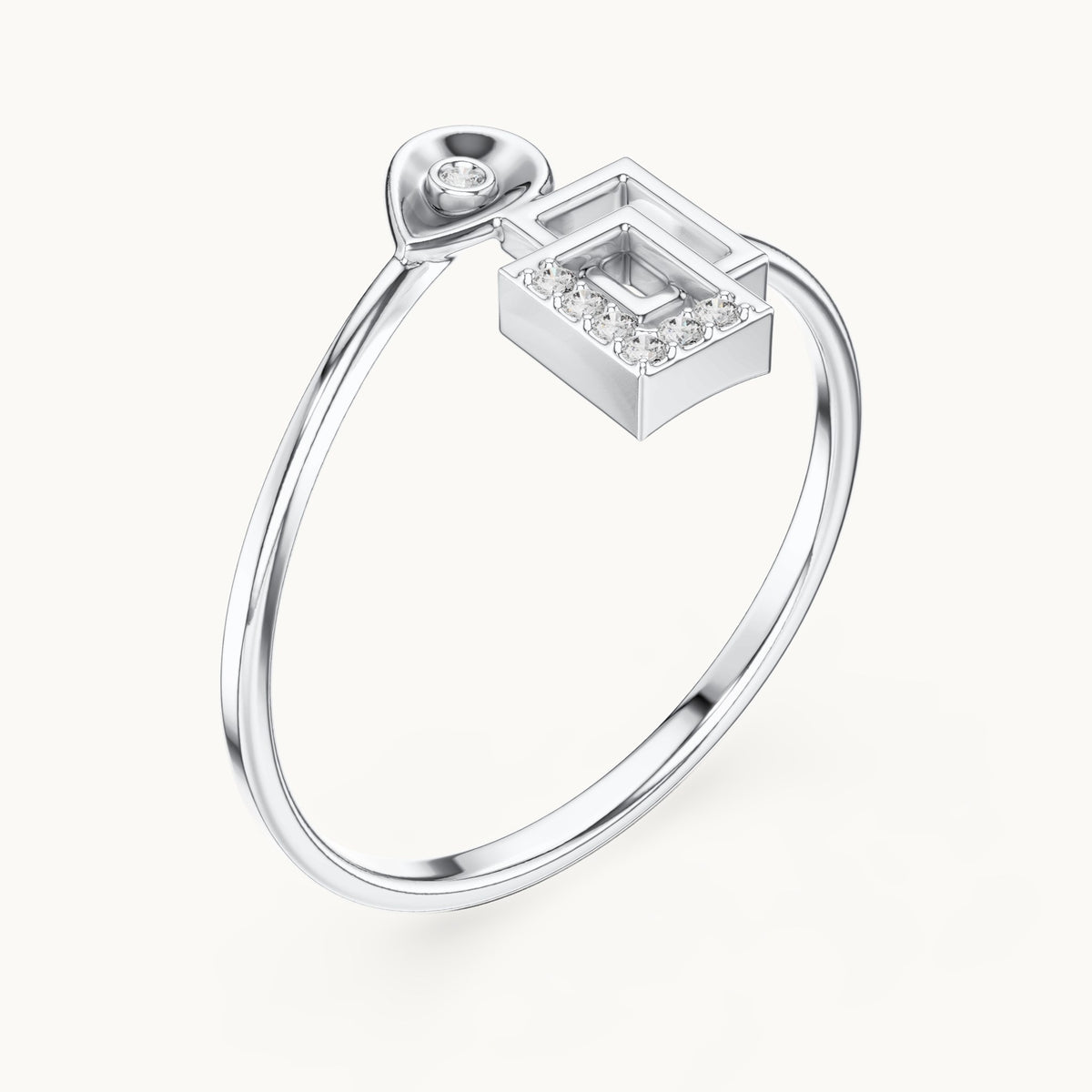 Round lab-grown diamond teardrop and interlocking squares bypass ring in white gold, 0.028 CT TW, view 2