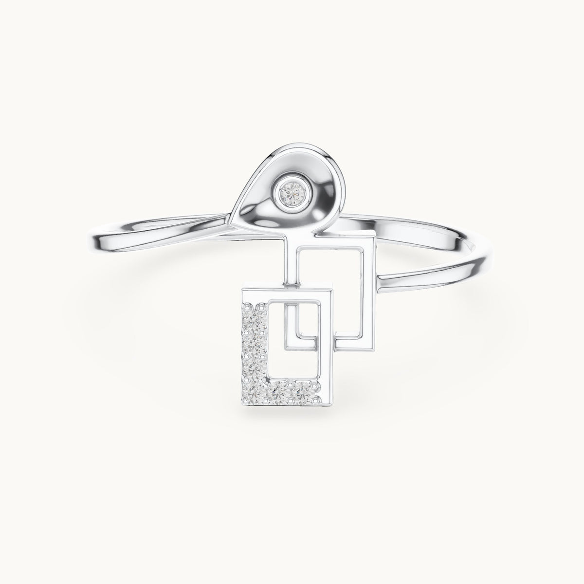 Round lab-grown diamond teardrop and interlocking squares bypass ring in white gold, 0.028 CT TW, view 4