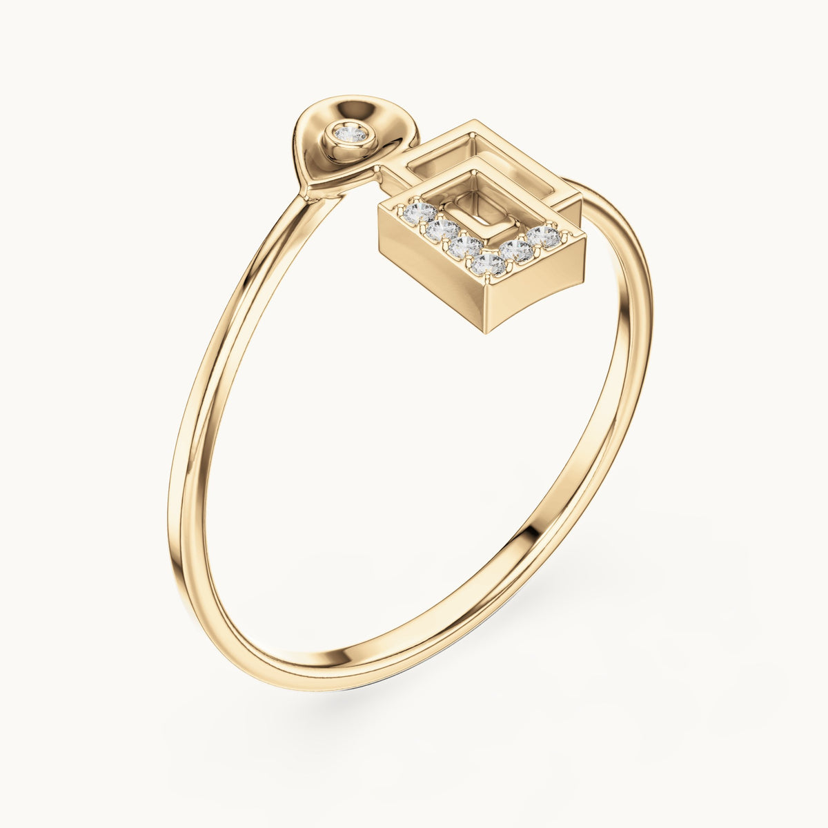 Round lab-grown diamond teardrop and interlocking squares bypass ring in yellow gold, 0.028 CT TW, view 2