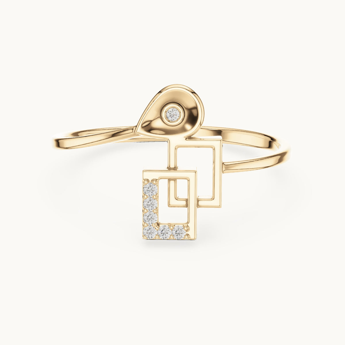 Round lab-grown diamond teardrop and interlocking squares bypass ring in yellow gold, 0.028 CT TW, view 4