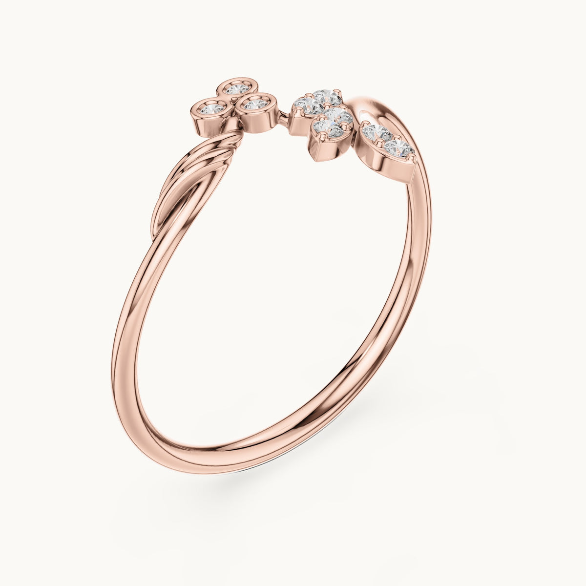 Round lab-grown diamond vine and trio bypass ring in rose gold, 0.09 CT TW, view 2