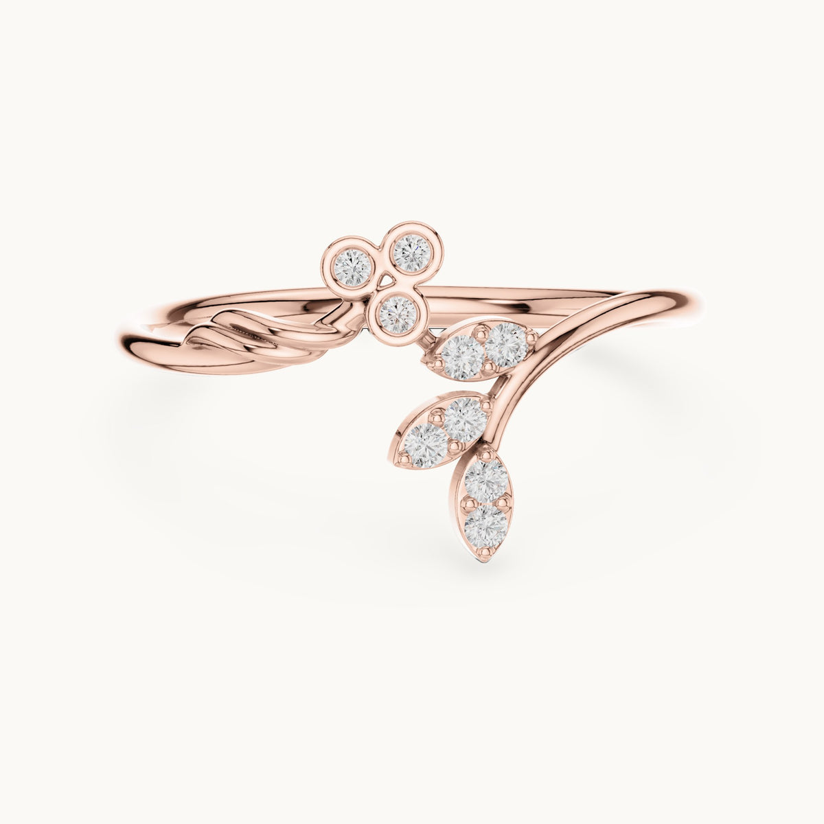 Round lab-grown diamond vine and trio bypass ring in rose gold, 0.09 CT TW, view 4
