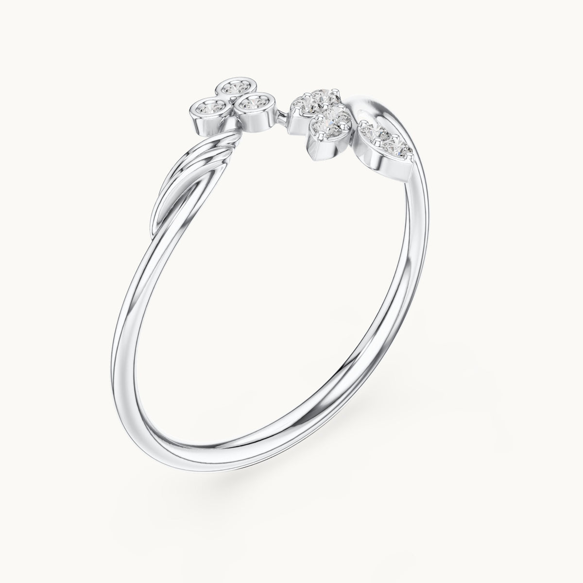 Round lab-grown diamond vine and trio bypass ring in white gold, 0.09 CT TW, view 2