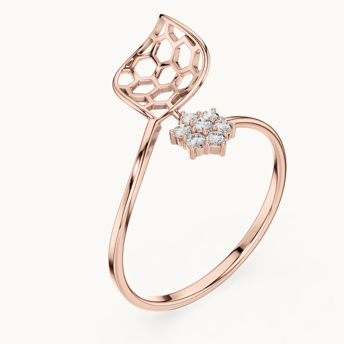 Round lab-grown diamond honeycomb bypass ring in rose gold, 0.105 CT TW, view 2