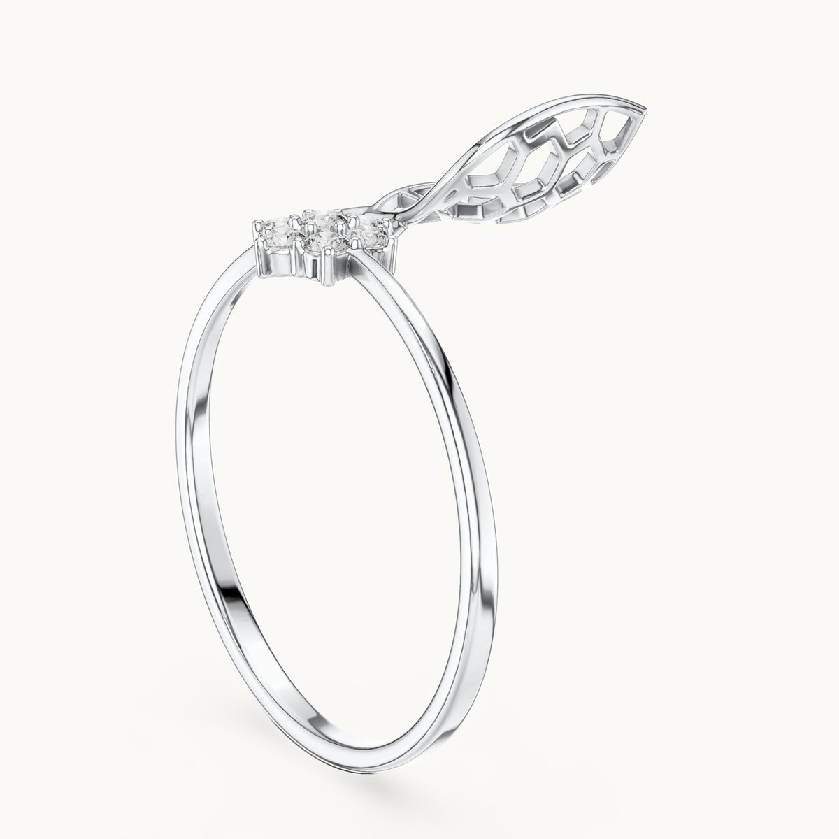 Round lab-grown diamond honeycomb bypass ring in white gold, 0.105 CT TW, view 1