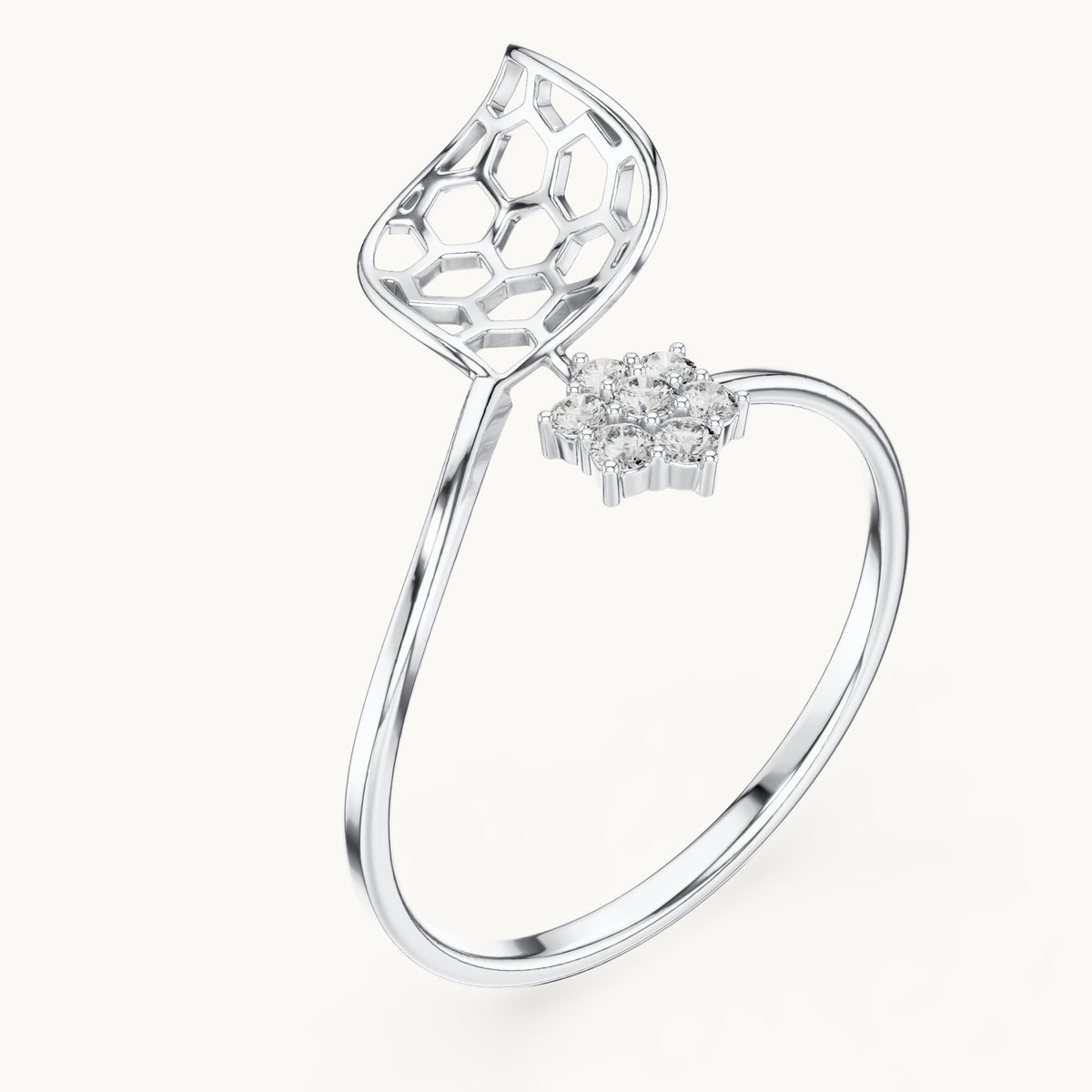 Round lab-grown diamond honeycomb bypass ring in white gold, 0.105 CT TW, view 2
