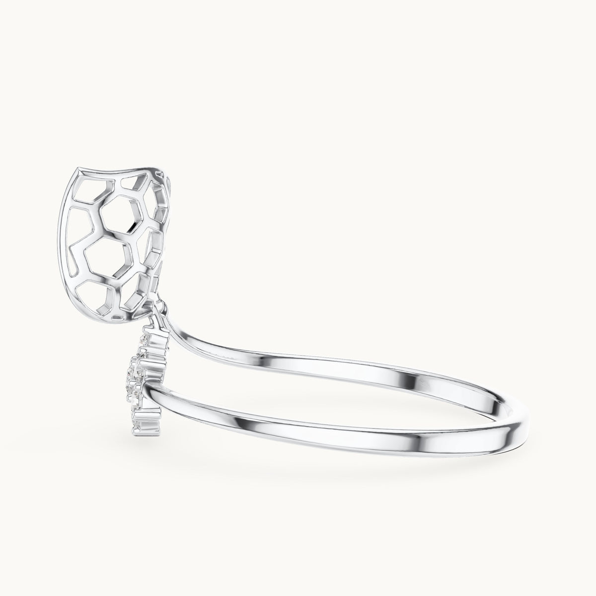 Round lab-grown diamond honeycomb bypass ring in white gold, 0.105 CT TW, view 3