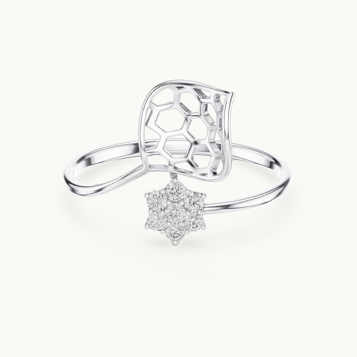 Round lab-grown diamond honeycomb bypass ring in white gold, 0.105 CT TW, view 4