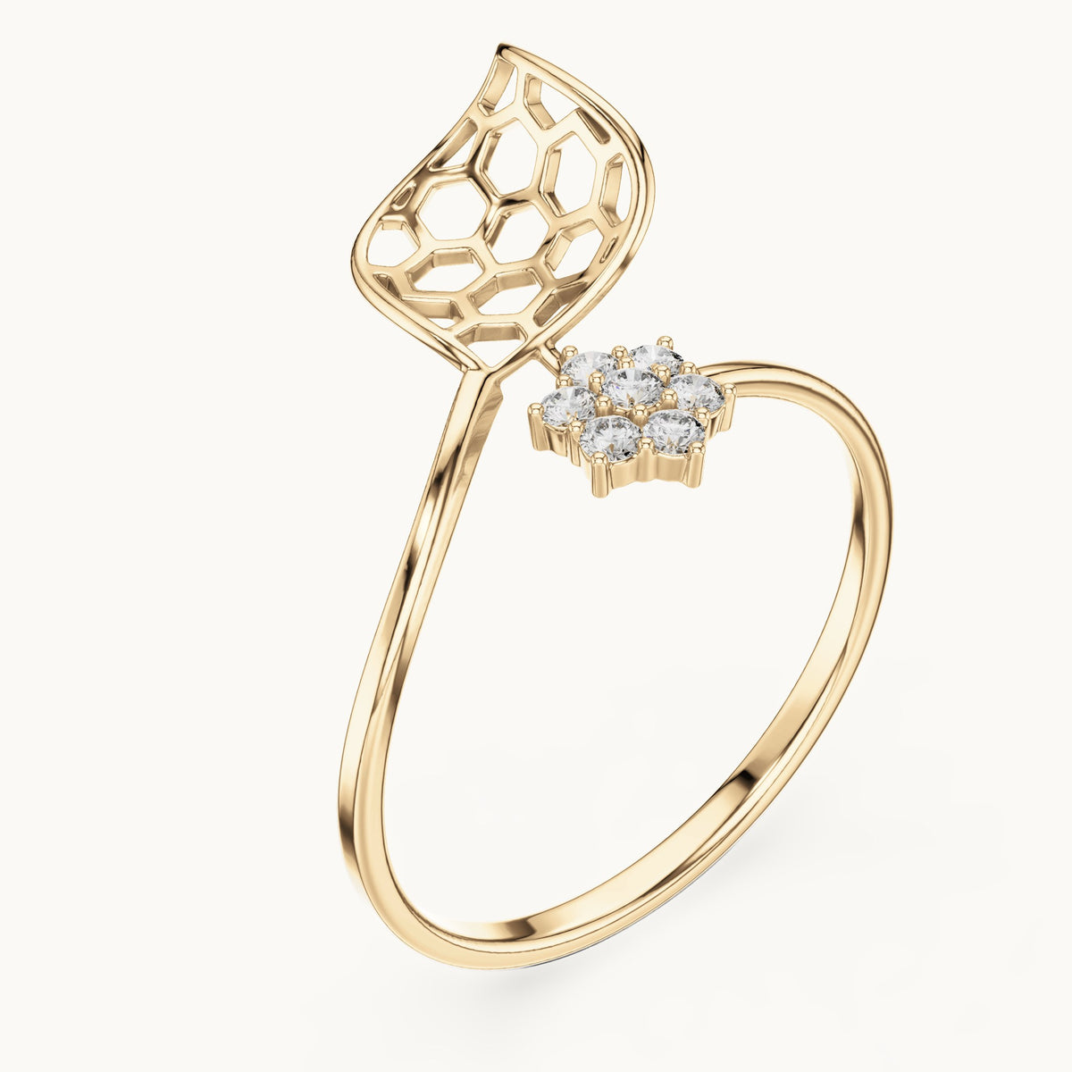 Round lab-grown diamond honeycomb bypass ring in yellow gold, 0.105 CT TW, view 2