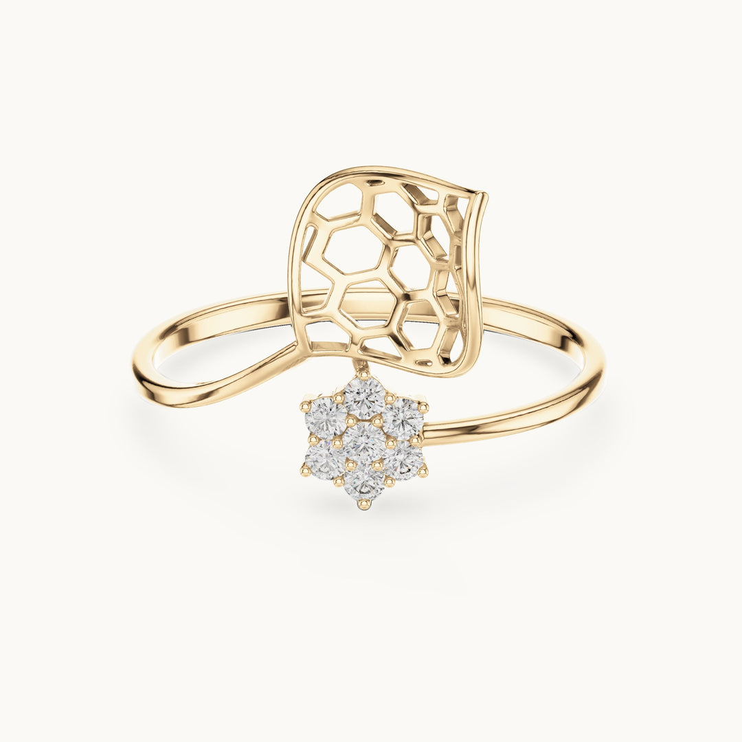 Round lab-grown diamond honeycomb bypass ring in yellow gold, 0.105 CT TW, view 4