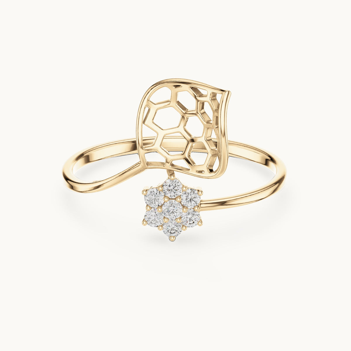 Round lab-grown diamond honeycomb bypass ring in yellow gold, 0.105 CT TW, view 4