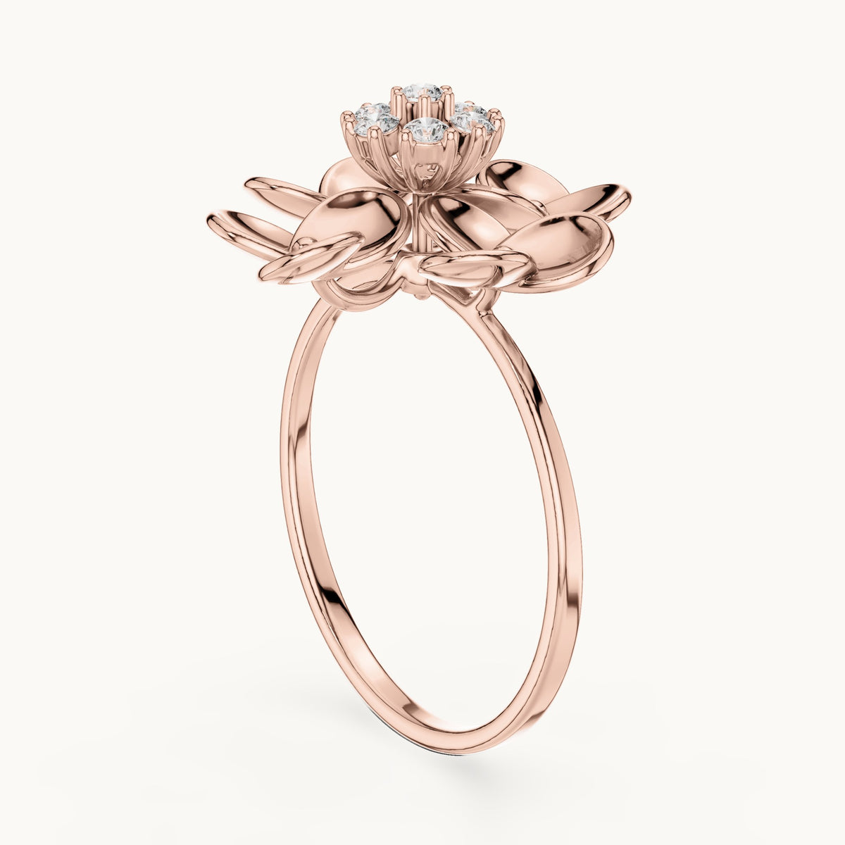 Round lab-grown diamond gold petal flower cluster ring in rose gold, 0.126 CT TW, view 1