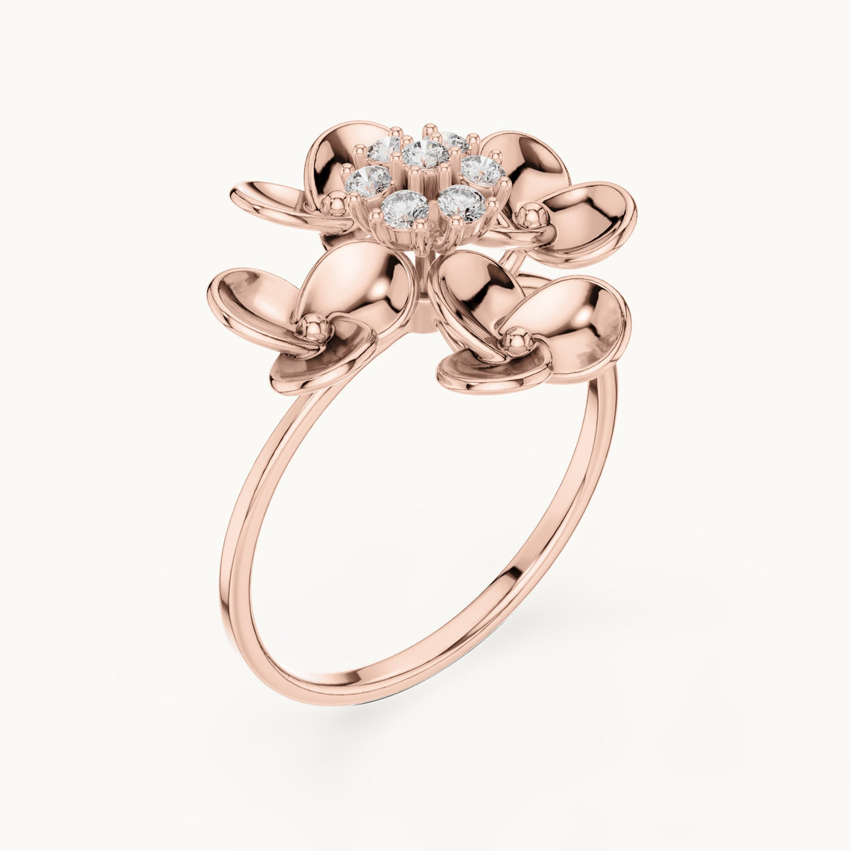 Round lab-grown diamond gold petal flower cluster ring in rose gold, 0.126 CT TW, view 2