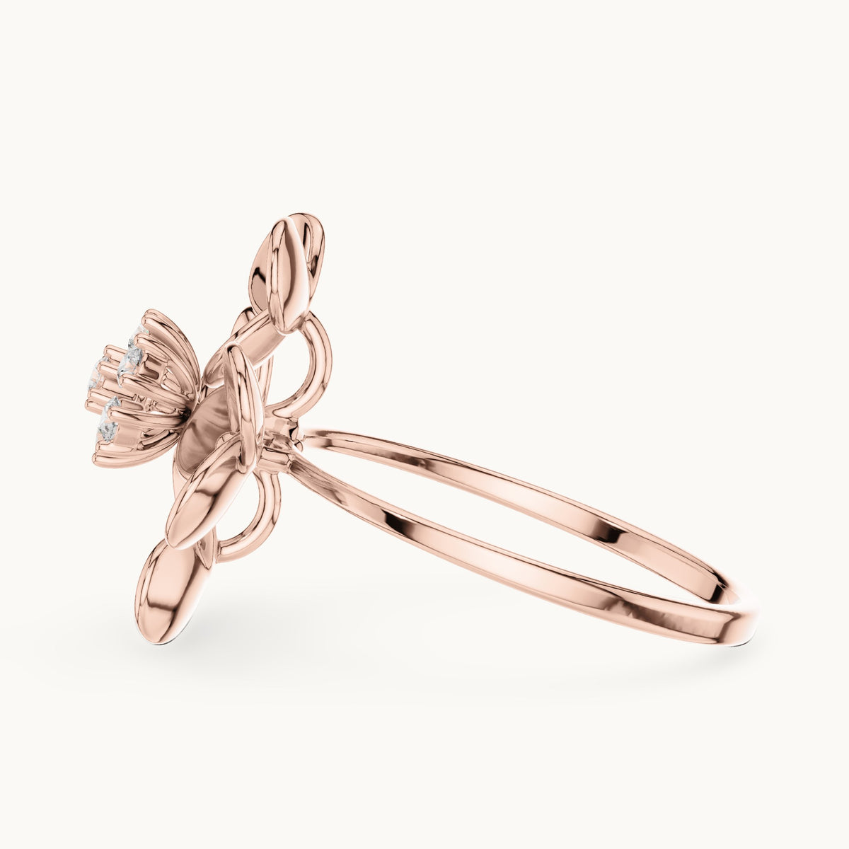 Round lab-grown diamond gold petal flower cluster ring in rose gold, 0.126 CT TW, view 3