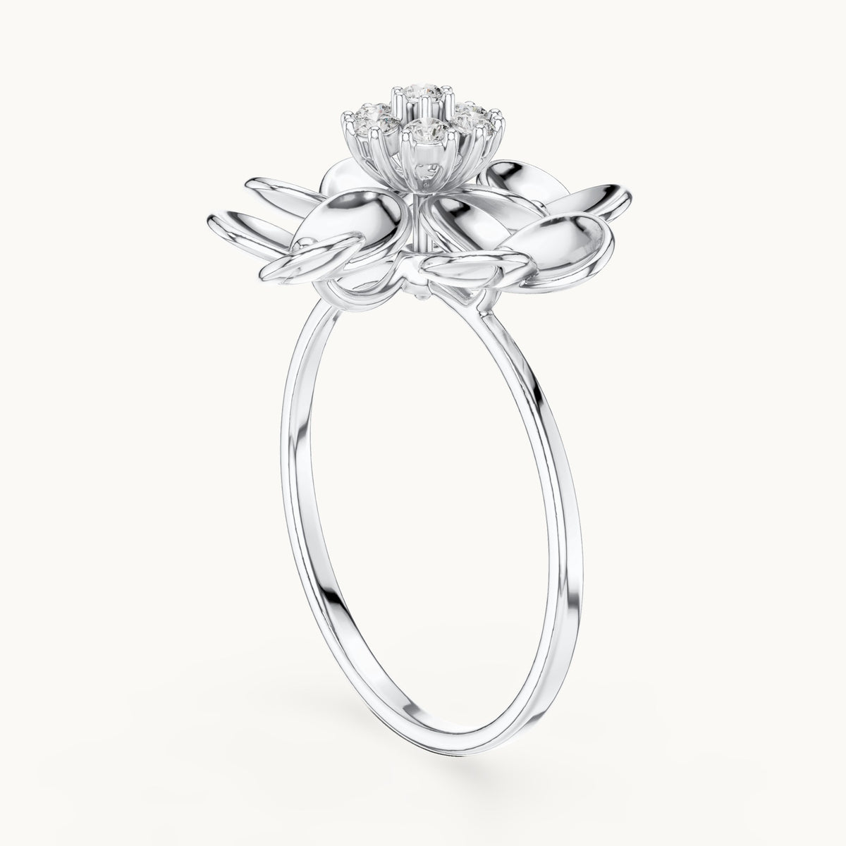 Round lab-grown diamond gold petal flower cluster ring in white gold, 0.126 CT TW, view 1