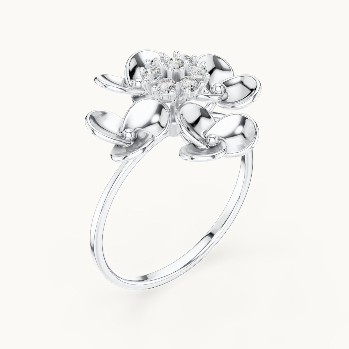 Round lab-grown diamond gold petal flower cluster ring in white gold, 0.126 CT TW, view 2