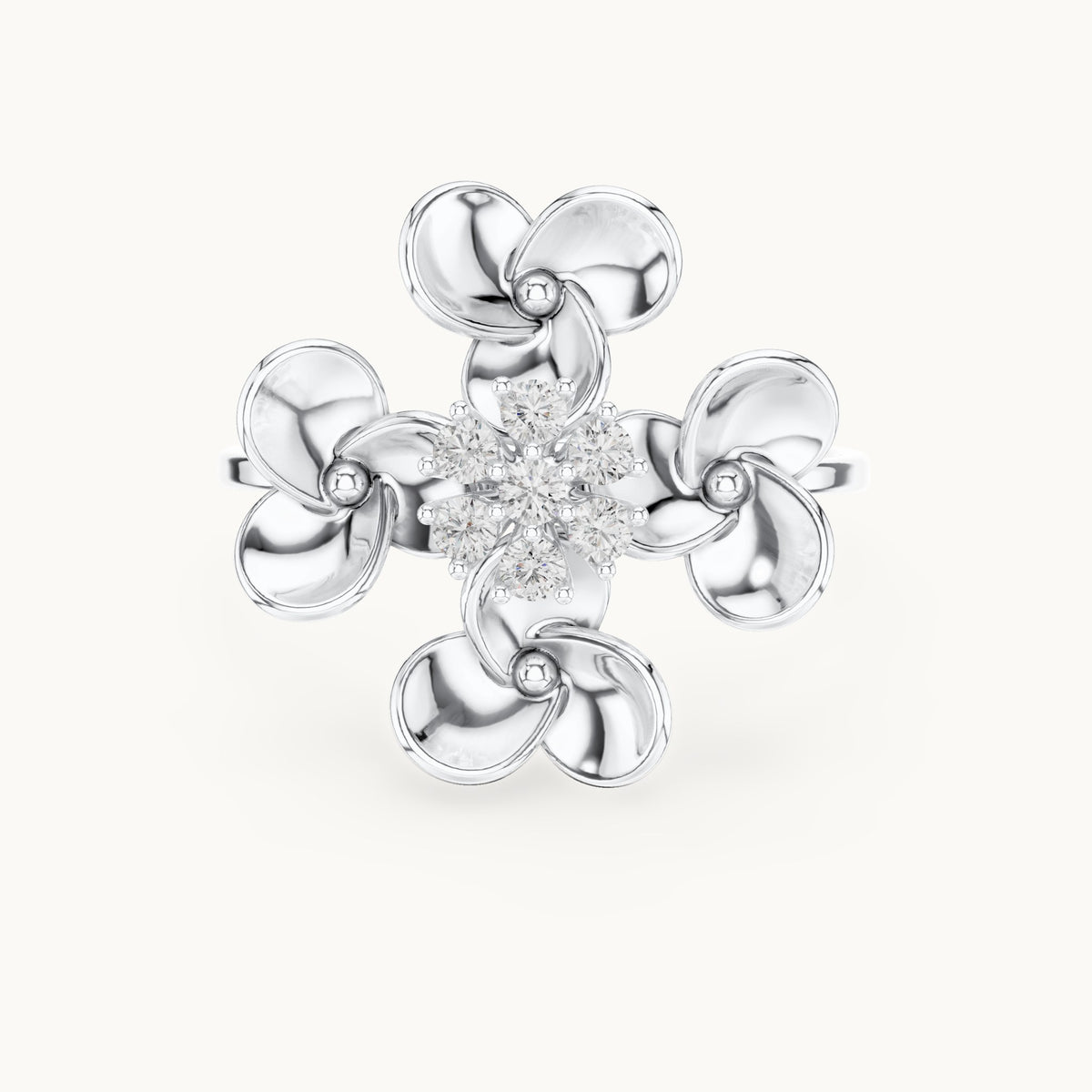 Round lab-grown diamond gold petal flower cluster ring in white gold, 0.126 CT TW, view 4