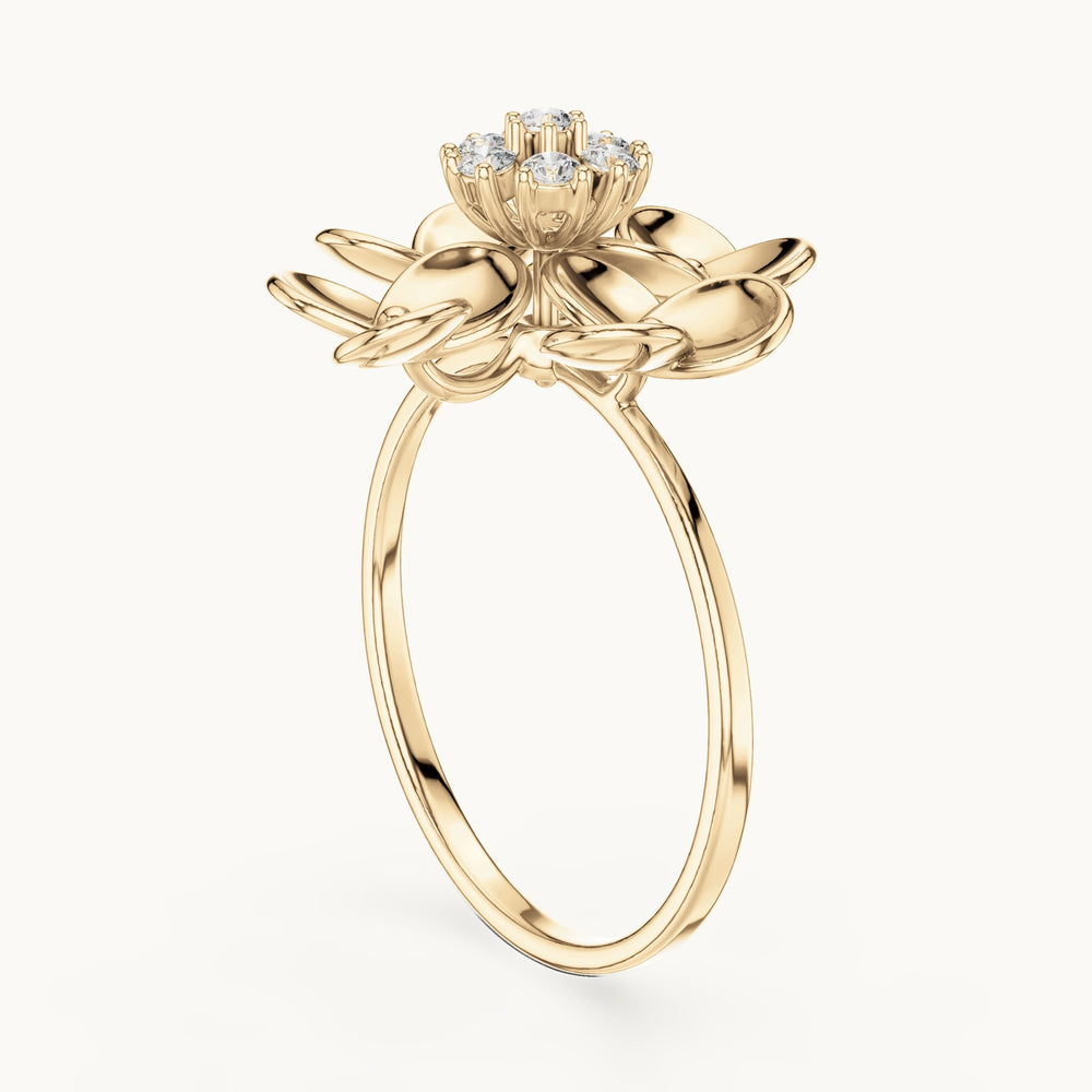 Round lab-grown diamond gold petal flower cluster ring in yellow gold, 0.126 CT TW, view 1