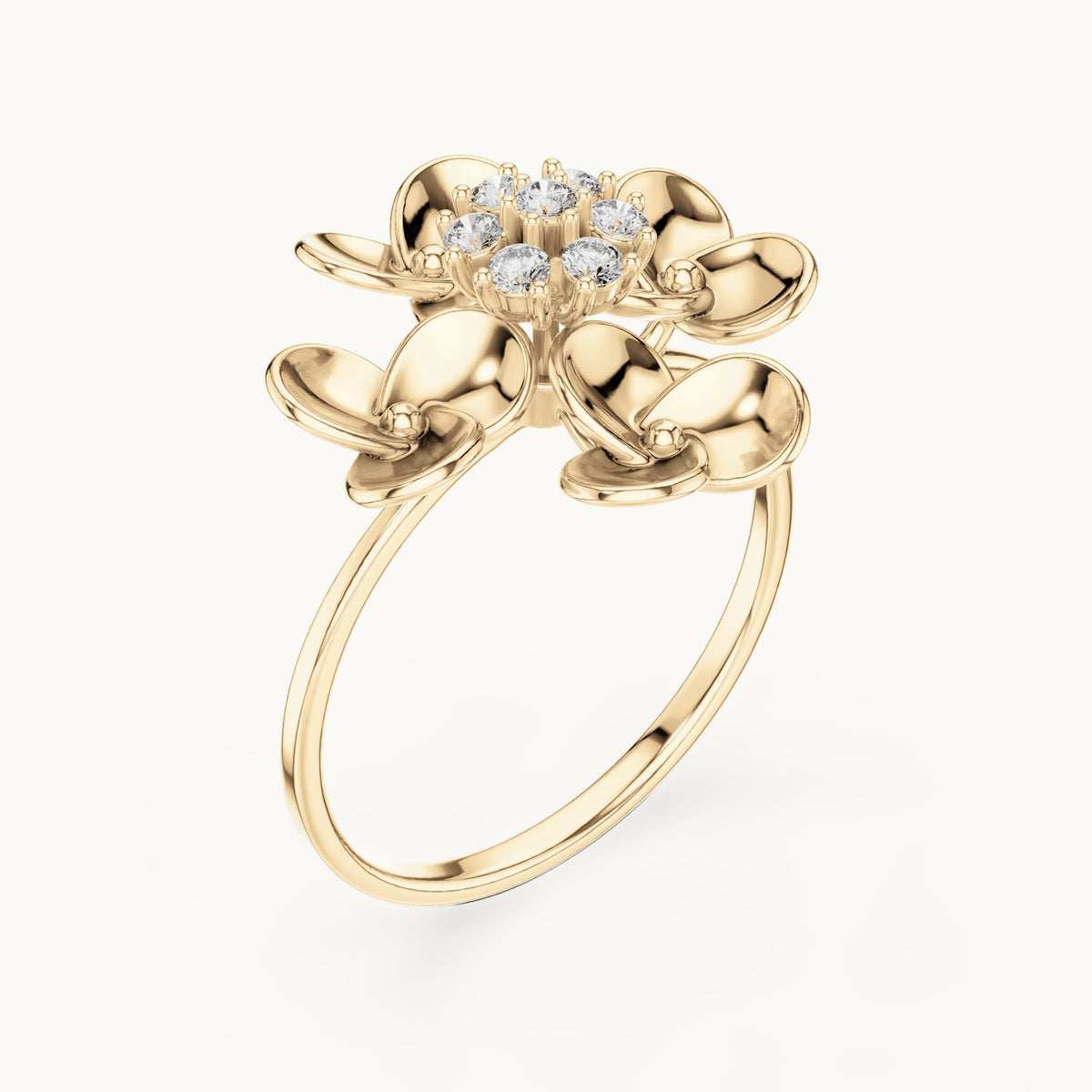 Round lab-grown diamond gold petal flower cluster ring in yellow gold, 0.126 CT TW, view 2