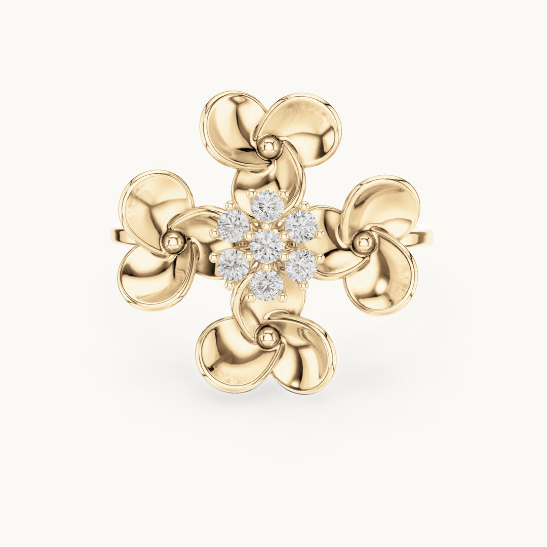 Round lab-grown diamond gold petal flower cluster ring in yellow gold, 0.126 CT TW, view 4