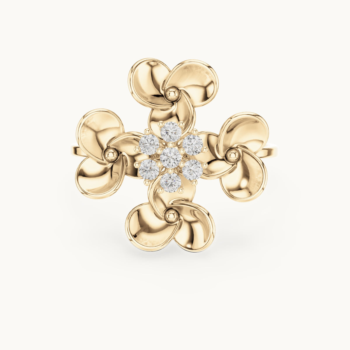 Round lab-grown diamond gold petal flower cluster ring in yellow gold, 0.126 CT TW, view 4