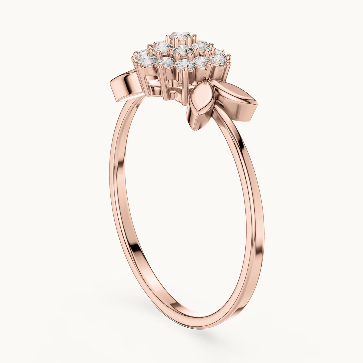 Round lab-grown diamond flower cluster leaf ring in rose gold, 0.207 CT TW, view 1