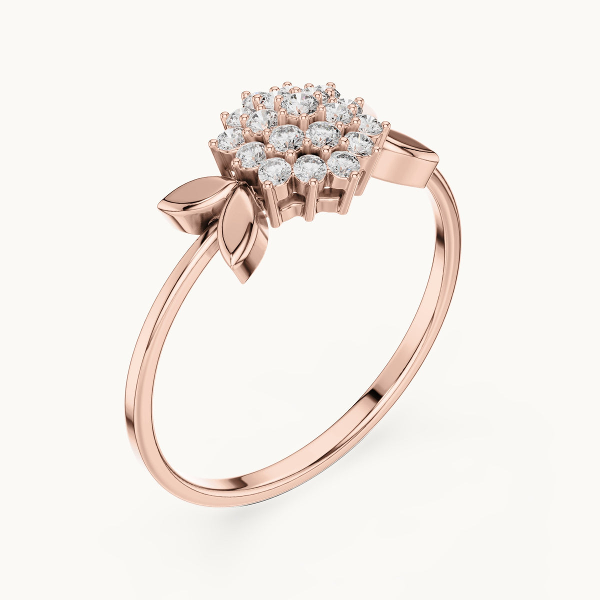 Round lab-grown diamond flower cluster leaf ring in rose gold, 0.207 CT TW, view 2
