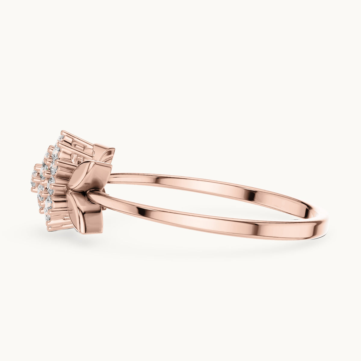 Round lab-grown diamond flower cluster leaf ring in rose gold, 0.207 CT TW, view 3