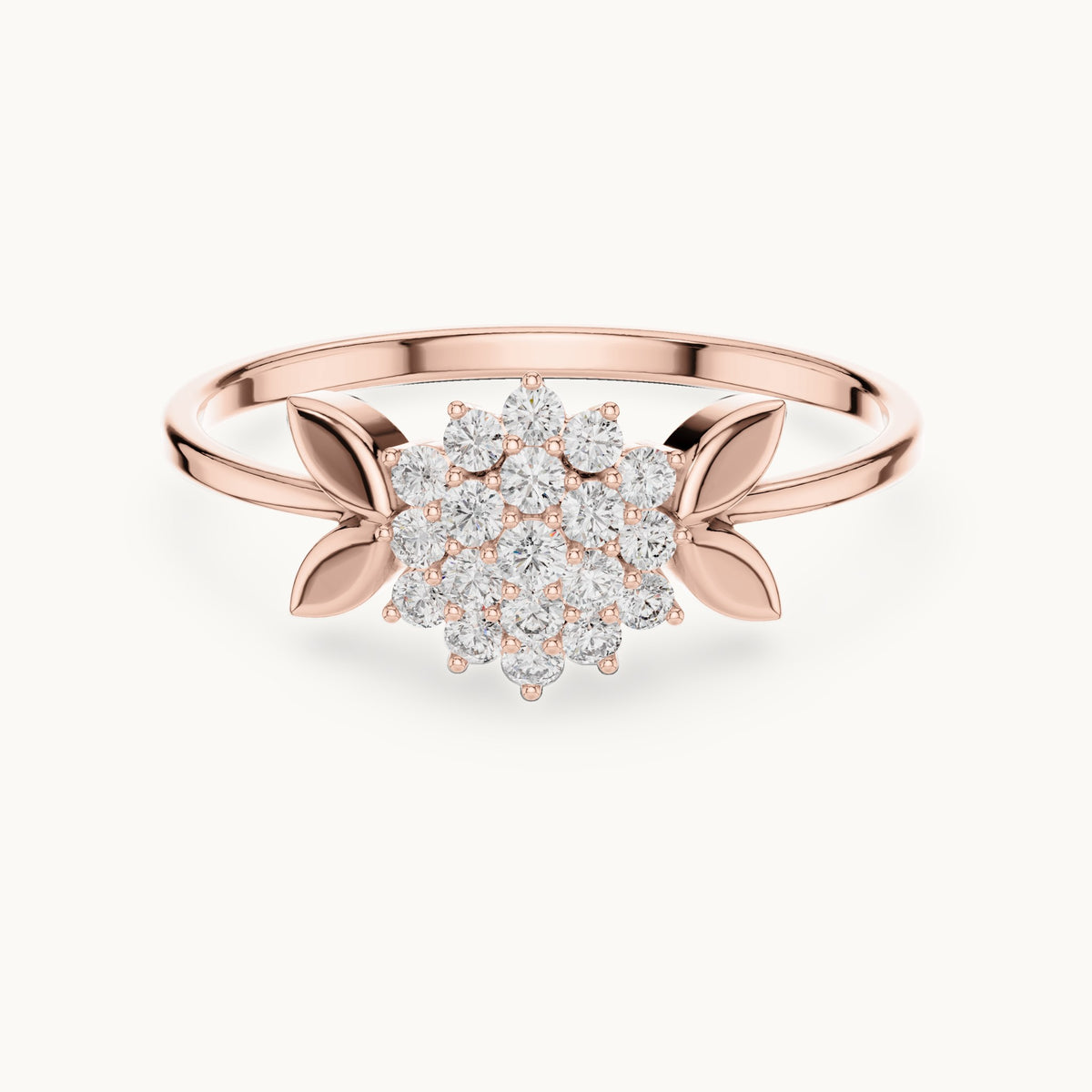 Round lab-grown diamond flower cluster leaf ring in rose gold, 0.207 CT TW, view 4
