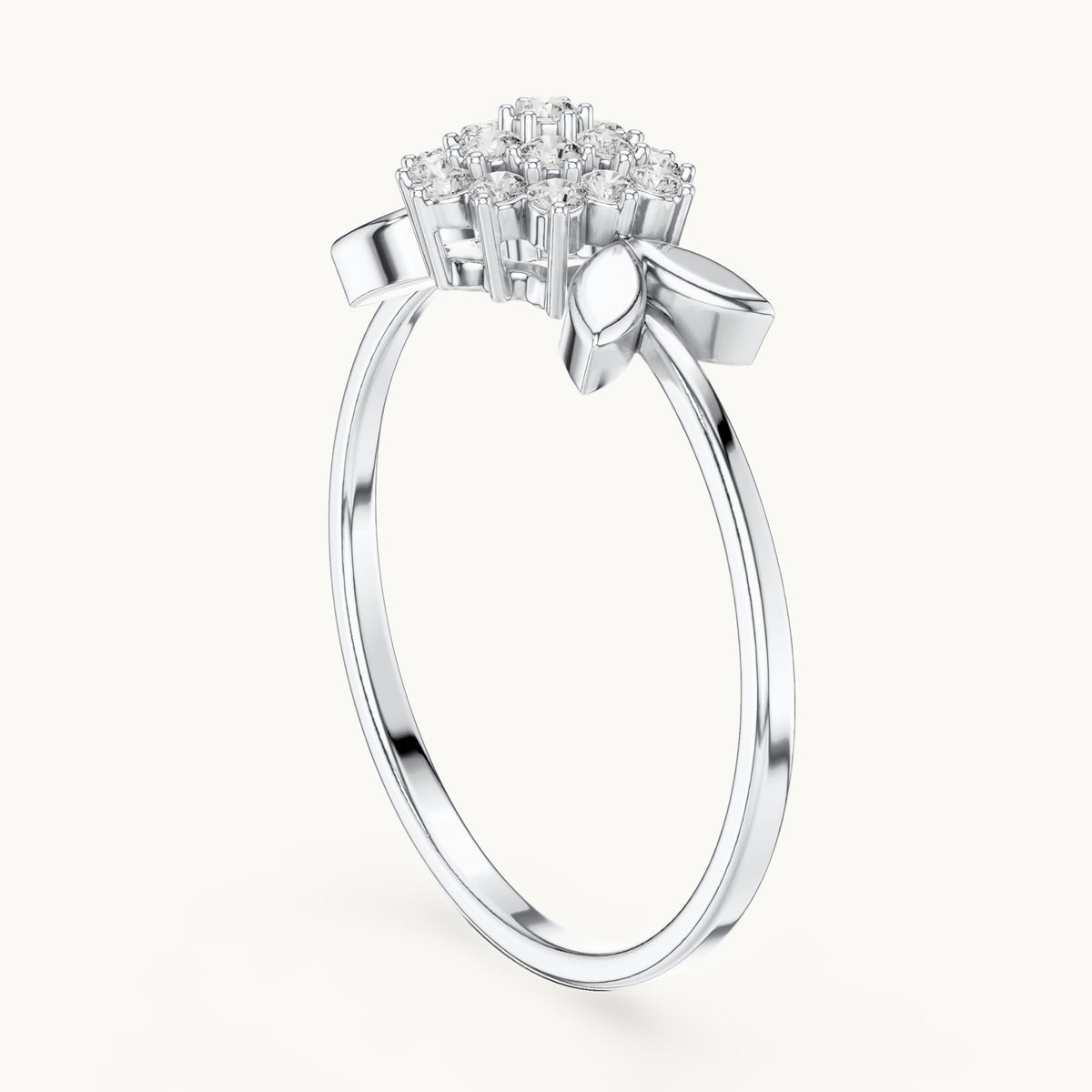 Round lab-grown diamond flower cluster leaf ring in white gold, 0.207 CT TW, view 1