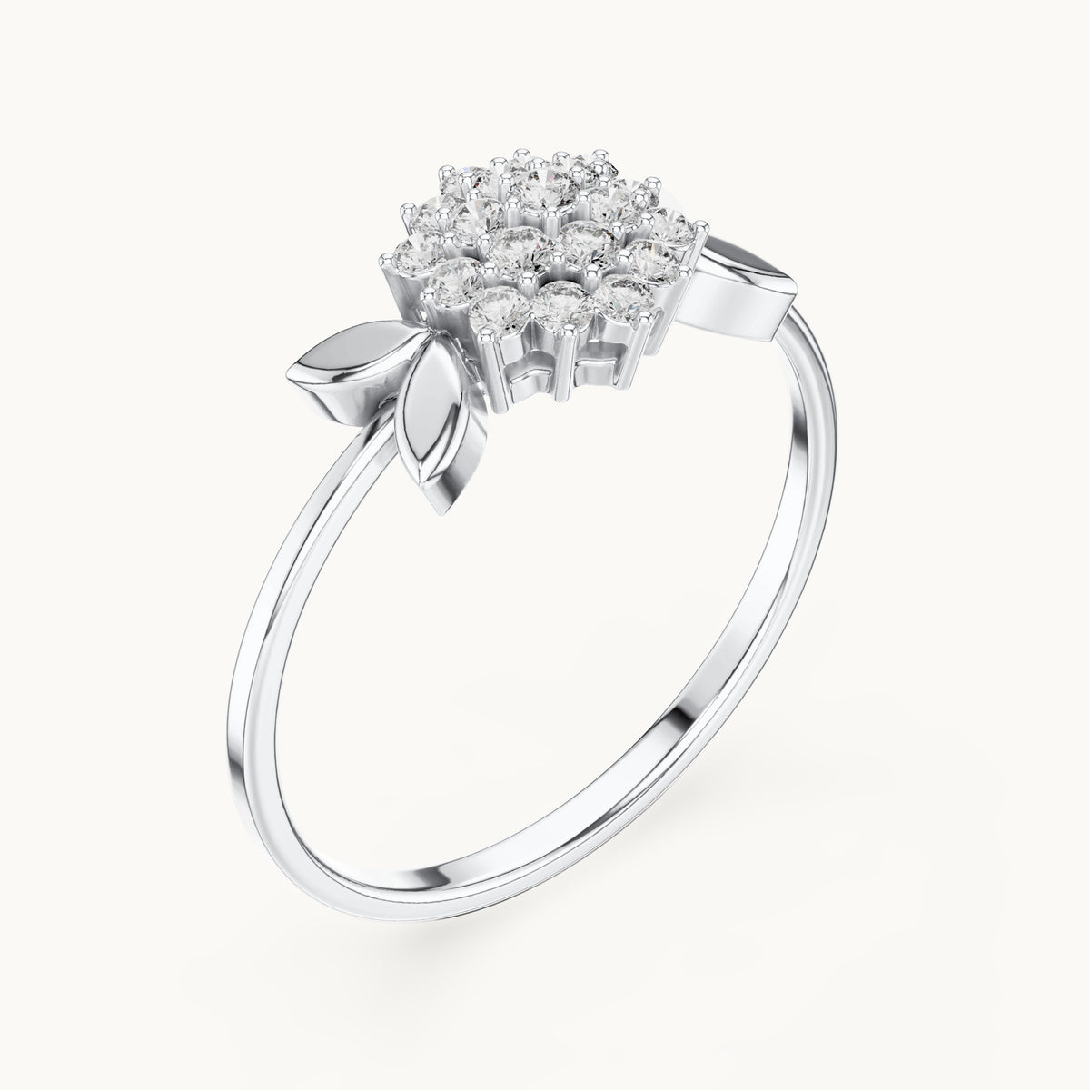 Round lab-grown diamond flower cluster leaf ring in white gold, 0.207 CT TW, view 2