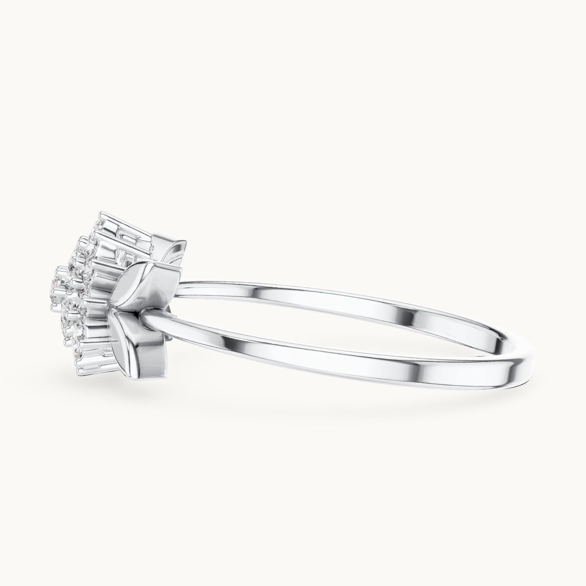 Round lab-grown diamond flower cluster leaf ring in white gold, 0.207 CT TW, view 3