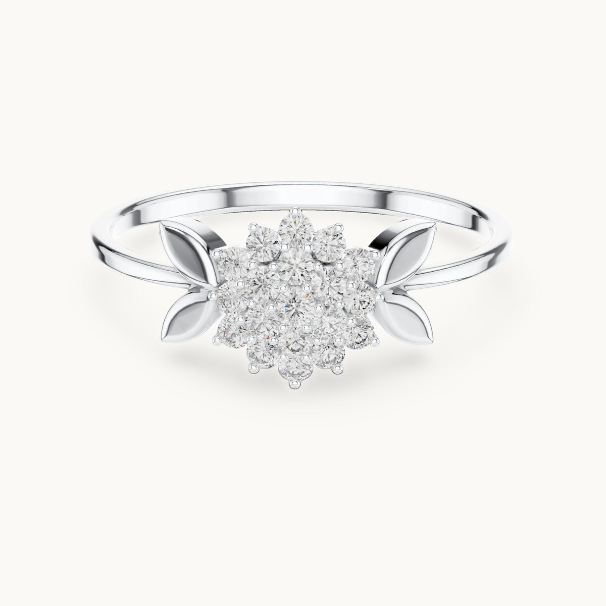 Round lab-grown diamond flower cluster leaf ring in white gold, 0.207 CT TW, view 4