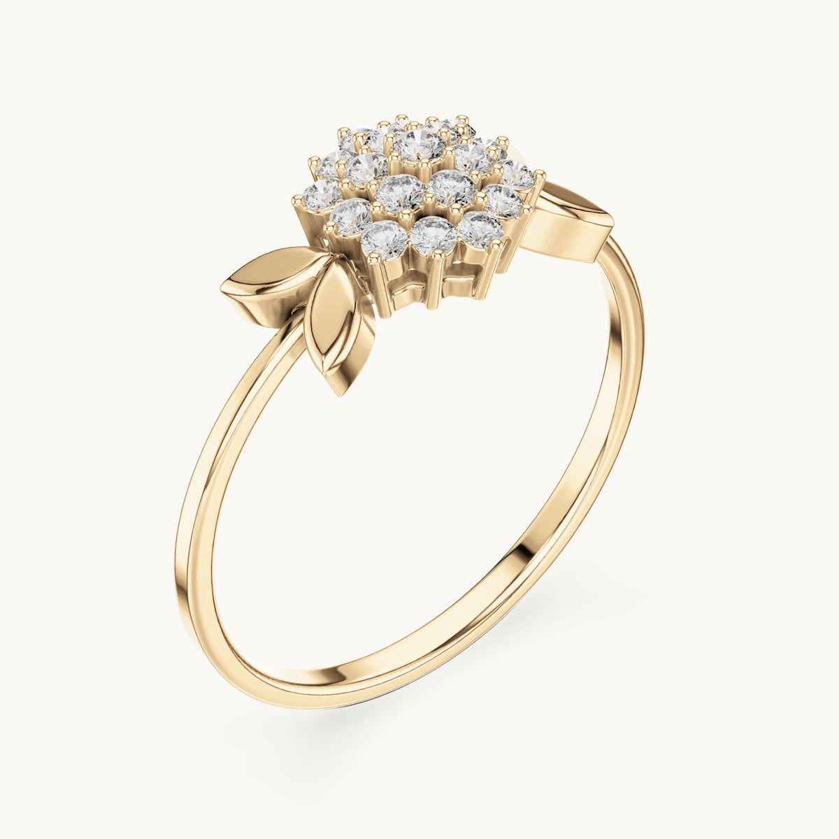 Round lab-grown diamond flower cluster leaf ring in yellow gold, 0.207 CT TW, view 2