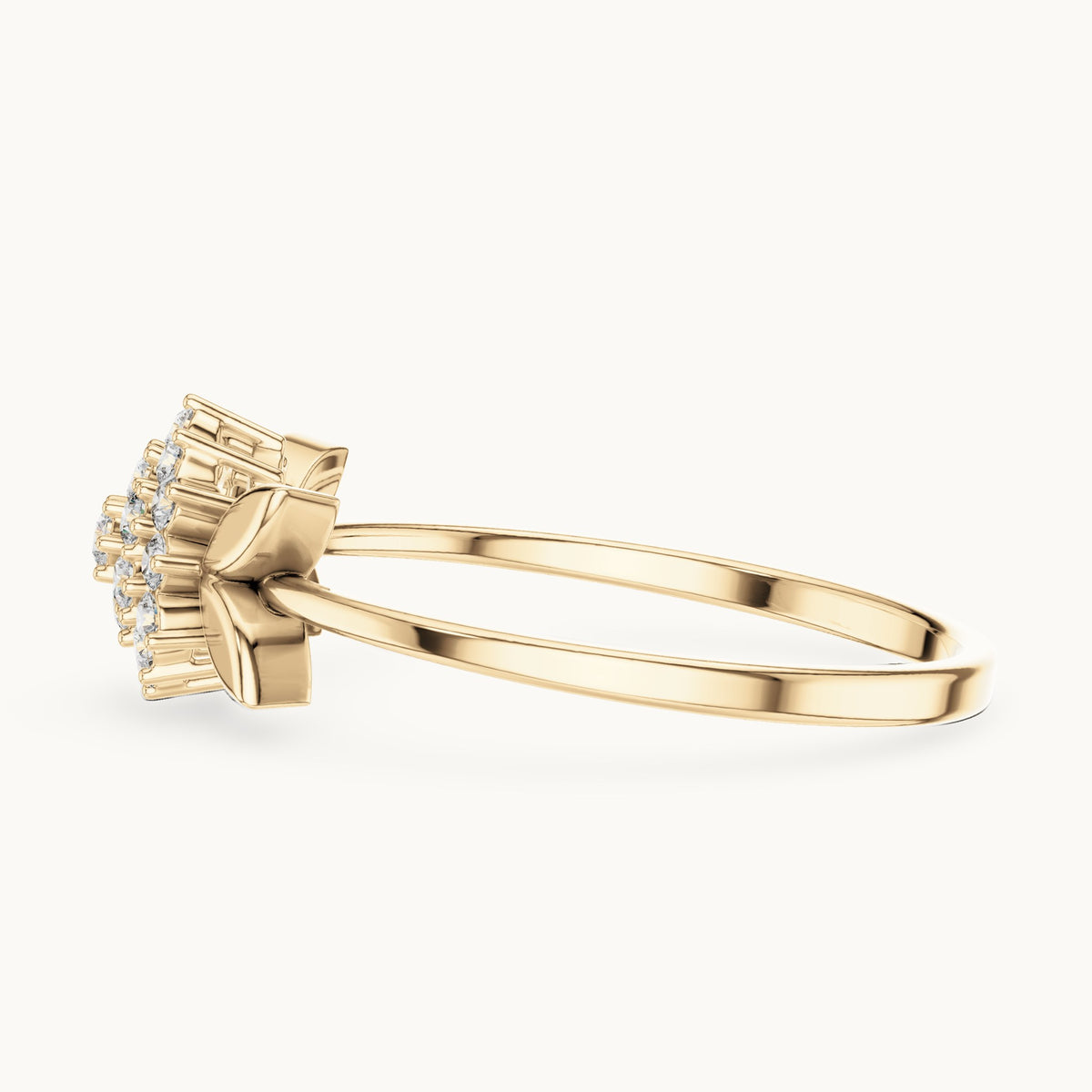 Round lab-grown diamond flower cluster leaf ring in yellow gold, 0.207 CT TW, view 3