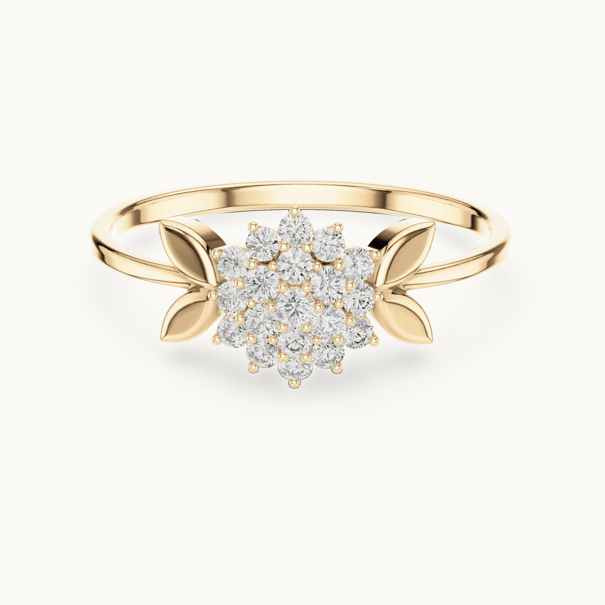 Round lab-grown diamond flower cluster leaf ring in yellow gold, 0.207 CT TW, view 4