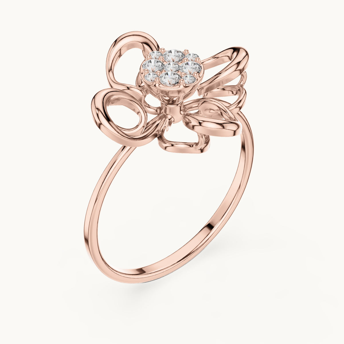 Round lab-grown diamond swirl petal cluster ring in rose gold, 0.134 CT TW, view 2