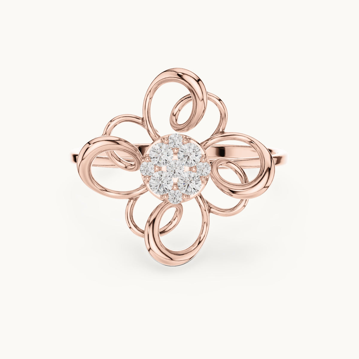 Round lab-grown diamond swirl petal cluster ring in rose gold, 0.134 CT TW, view 4