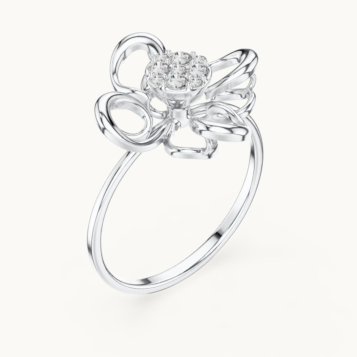 Round lab-grown diamond swirl petal cluster ring in white gold, 0.134 CT TW, view 2