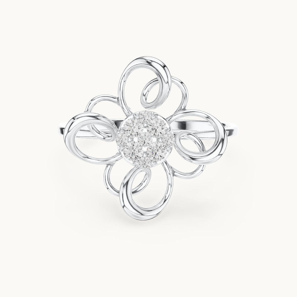 Round lab-grown diamond swirl petal cluster ring in white gold, 0.134 CT TW, view 4