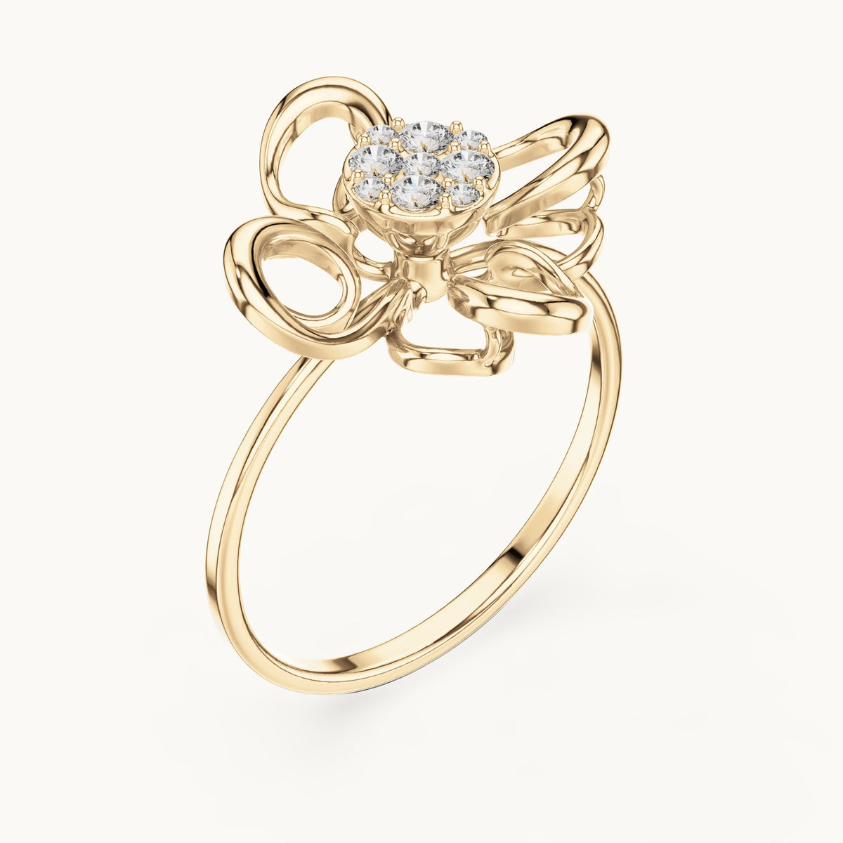 Round lab-grown diamond swirl petal cluster ring in yellow gold, 0.134 CT TW, view 2