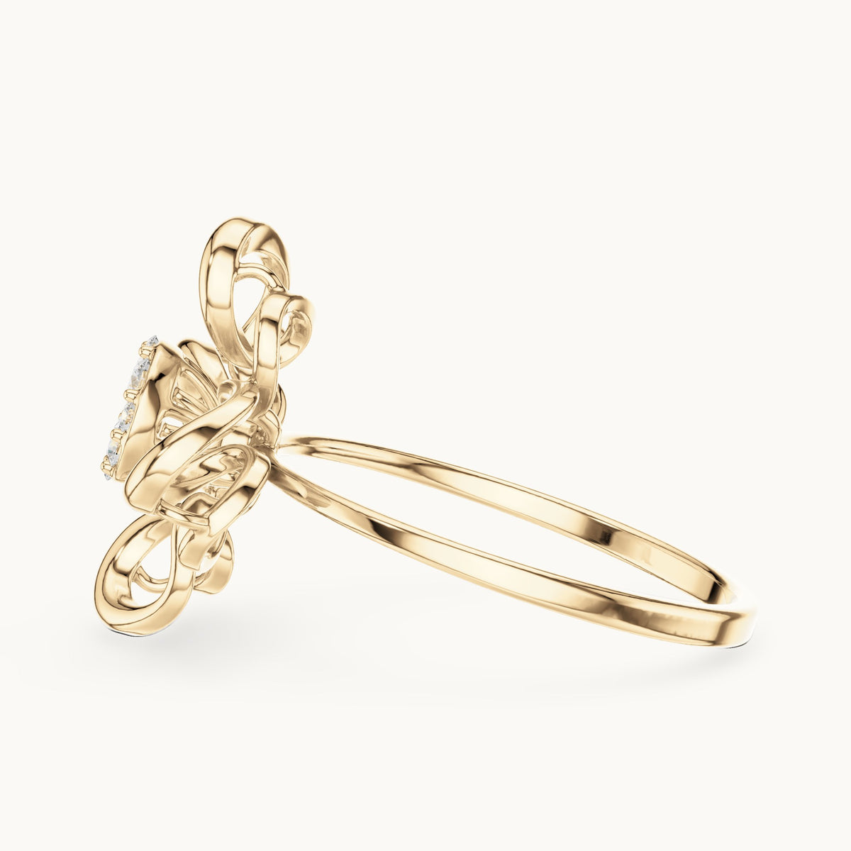 Round lab-grown diamond swirl petal cluster ring in yellow gold, 0.134 CT TW, view 3