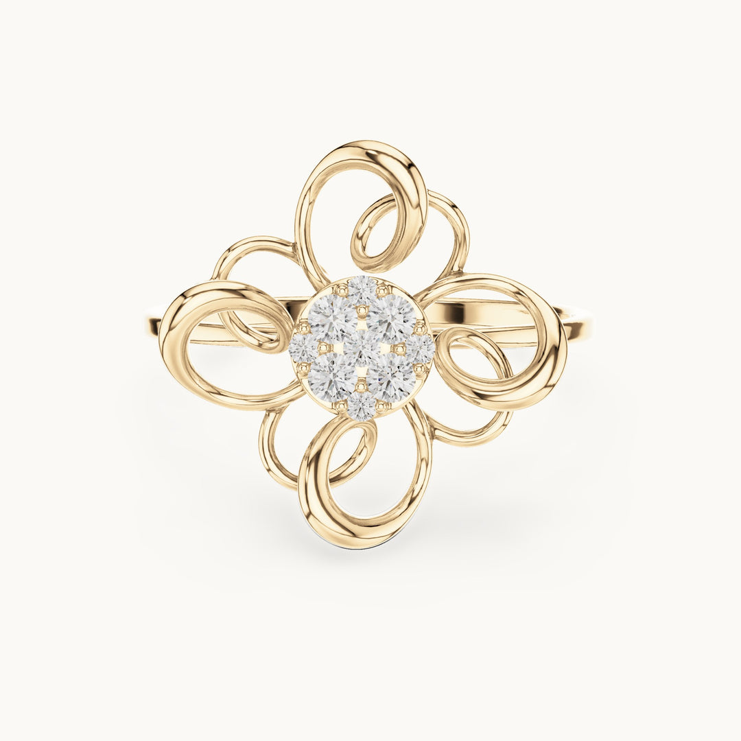 Round lab-grown diamond swirl petal cluster ring in yellow gold, 0.134 CT TW, view 4