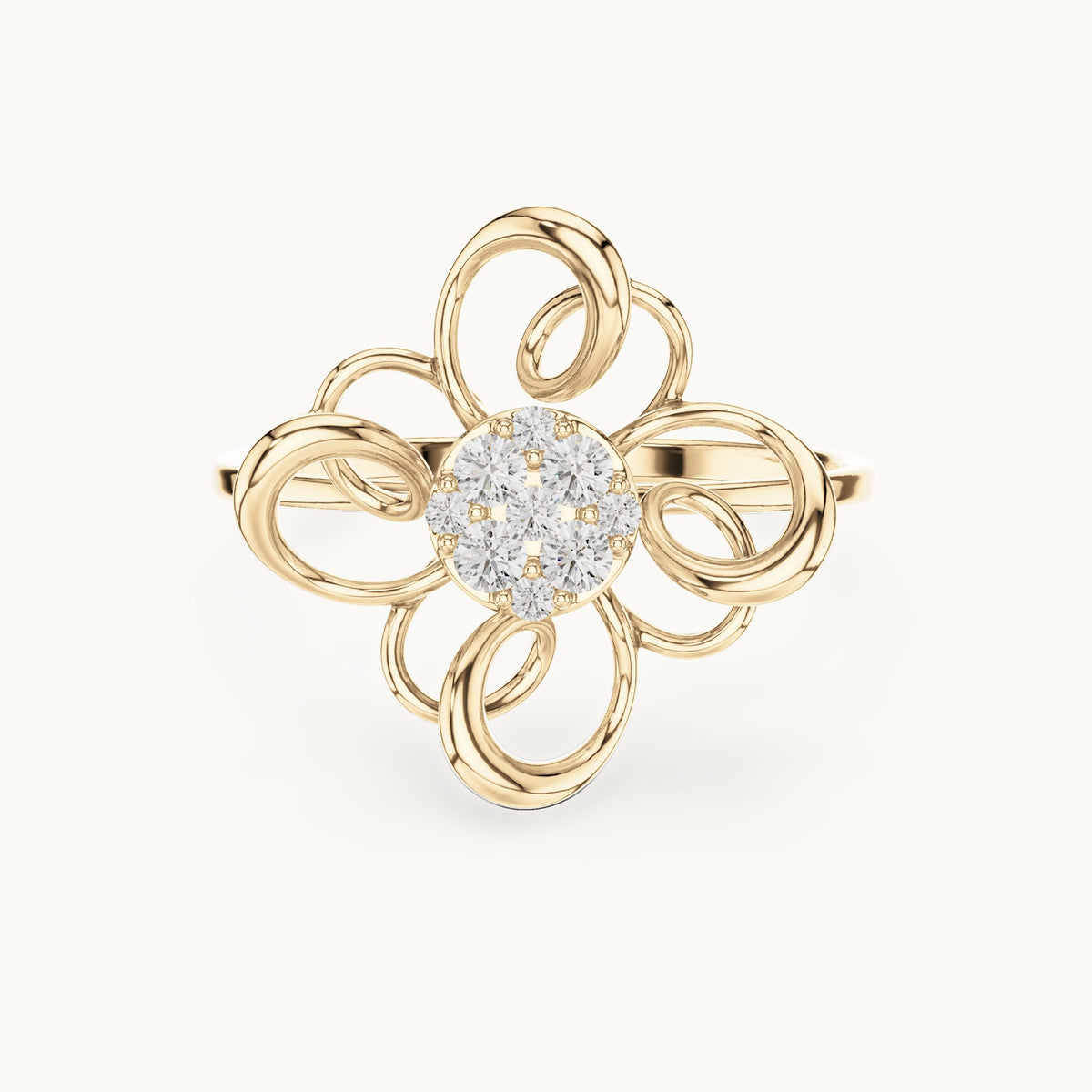 Round lab-grown diamond swirl petal cluster ring in yellow gold, 0.134 CT TW, view 4